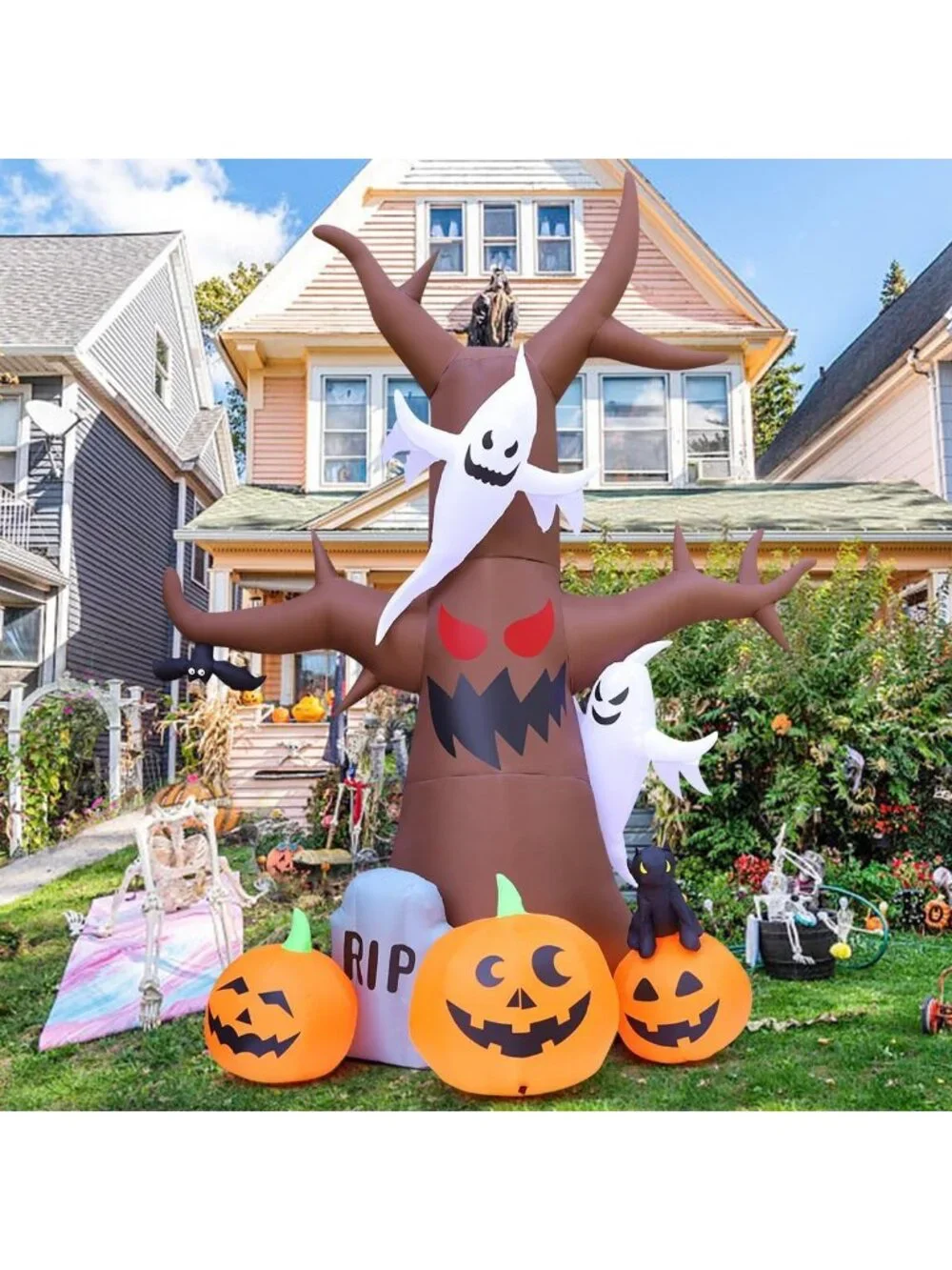 12 FT Halloween Inflatable Scary Dead Tree with Pumpkin & Ghost - LED Yard Decor